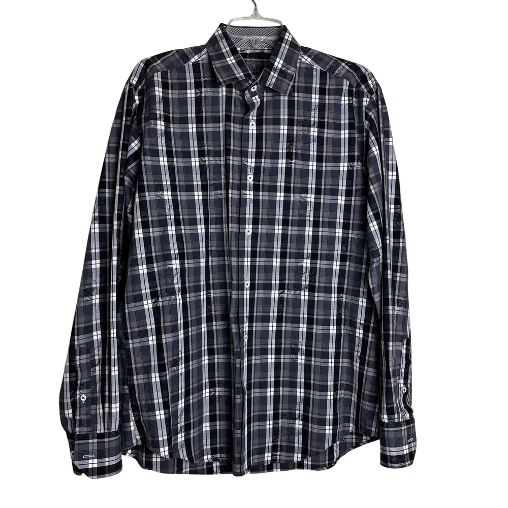 Bugatchi Uomo Mens Grey Black Plaid Paisley Jacquard Shaped Fit Shirt Size M